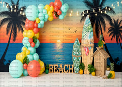 Beach Sunset Party Backdrop with Surfboards, Palm Trees & Tropical Balloon Arch