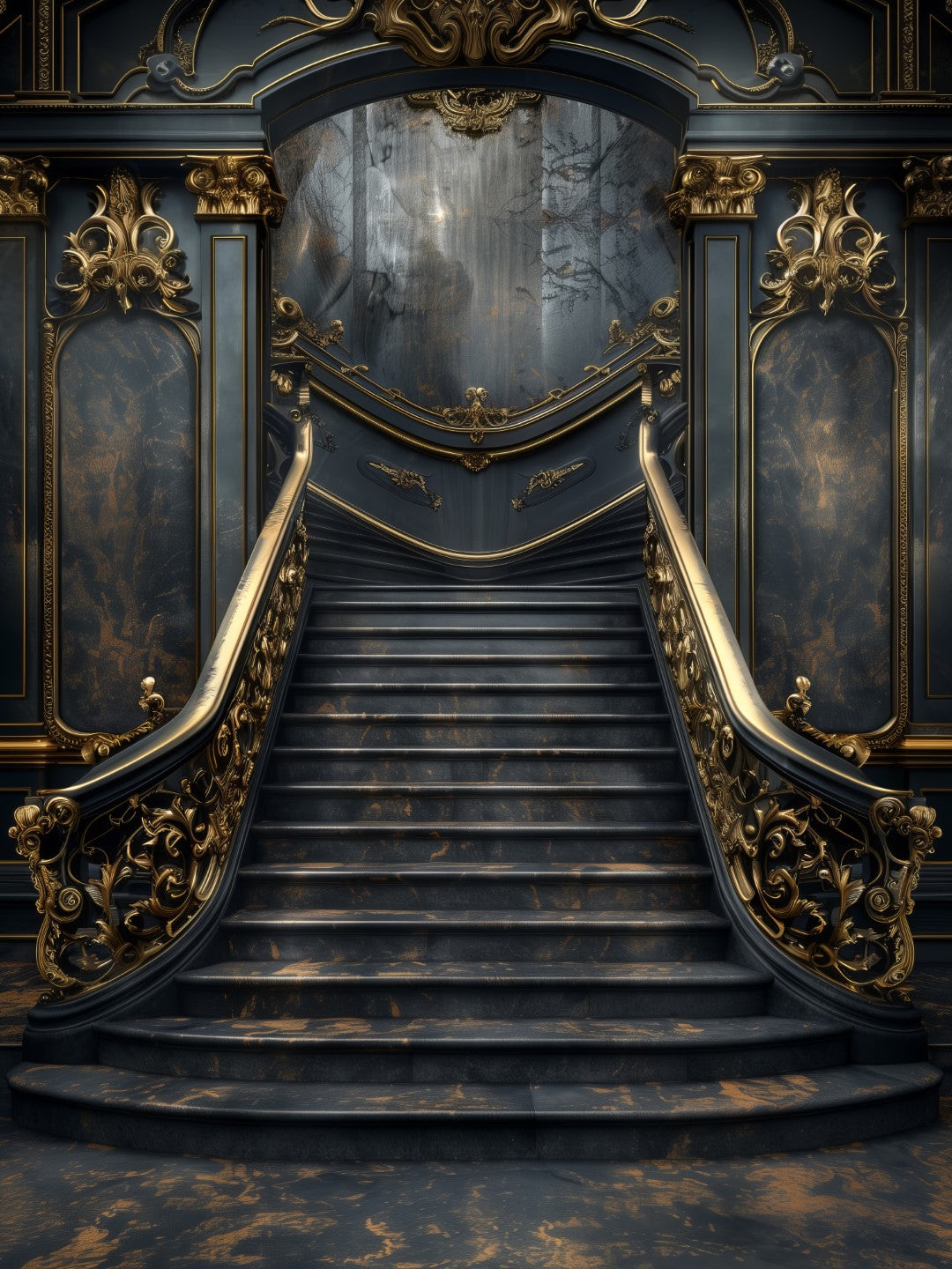 Black Elegance with Gold Glow Stairs Backdrop
