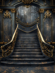 Black Elegance with Gold Glow Stairs Backdrop