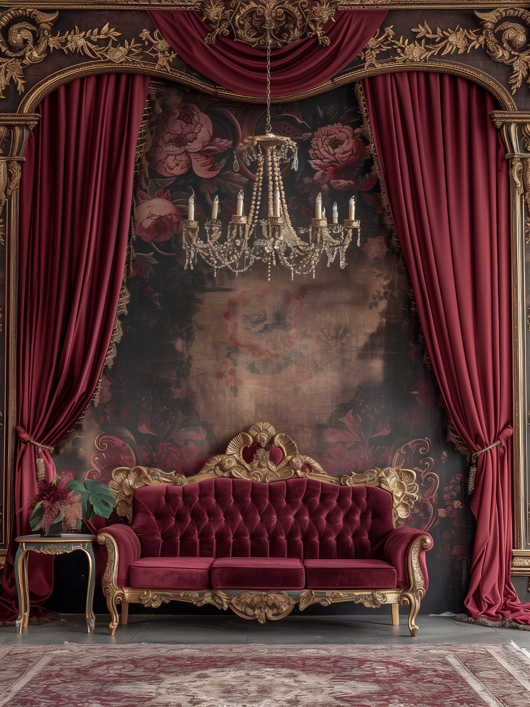 Glamorous Burgundy Curtain & Vintage Sofa Backdrop