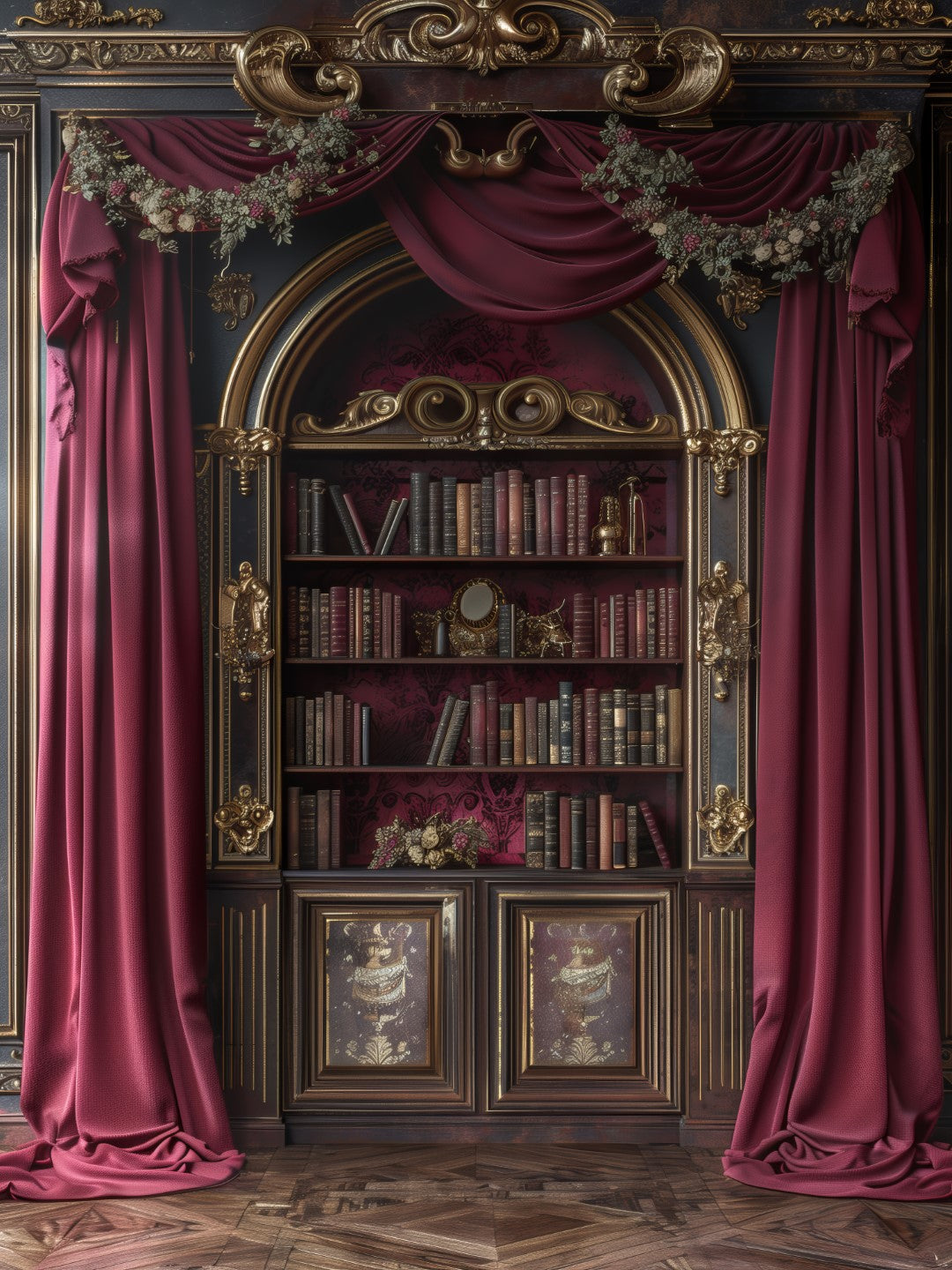 Luxurious Burgundy Book Shelf Backdrop for Salons