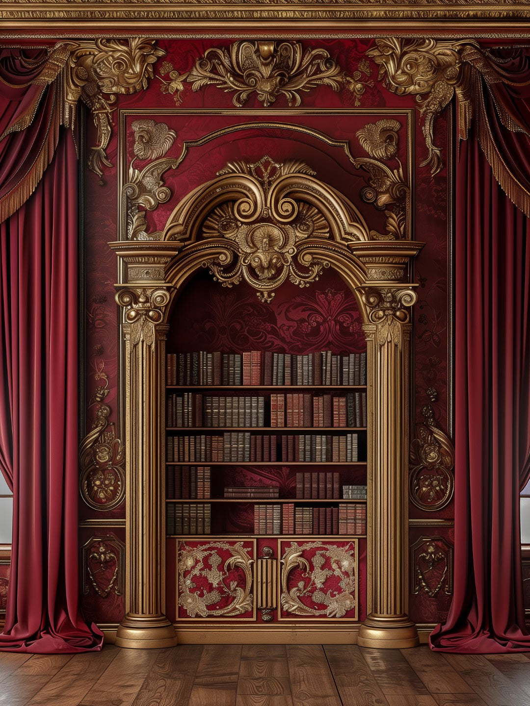 Burgundy Glam Book Shelf Wall Backdrop for Makeup Artist