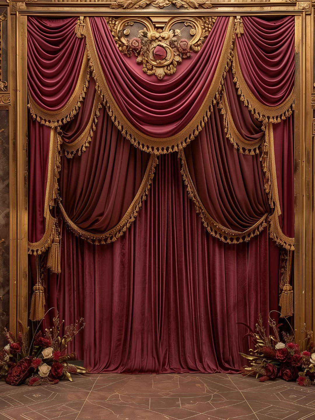 Designer Burgundy & Gold Curtain Backdrop
