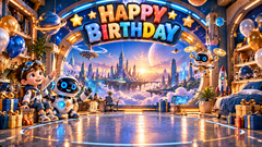 Space Robot Happy Birthday Backdrop
