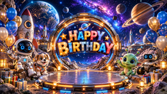 3D Galaxy Space Birthday Backdrop with Astronaut, Rocket & Planets